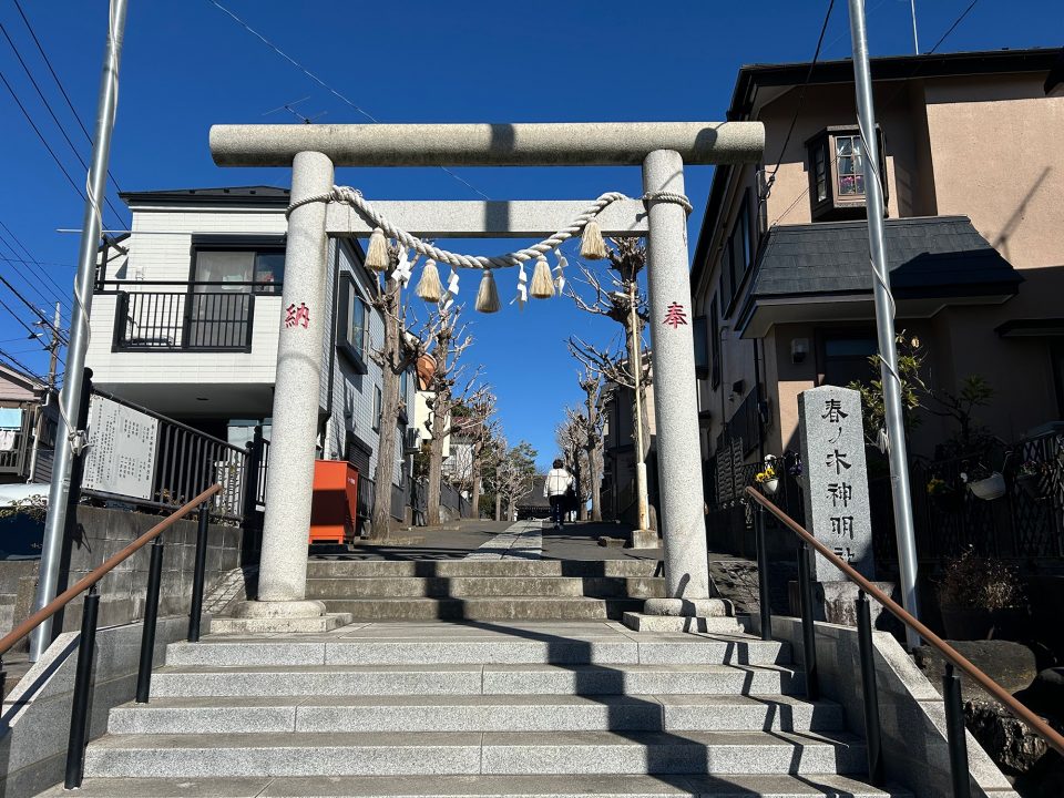 横浜市旭区・希望ヶ丘にある春ノ木神社の鳥居と参道の風景